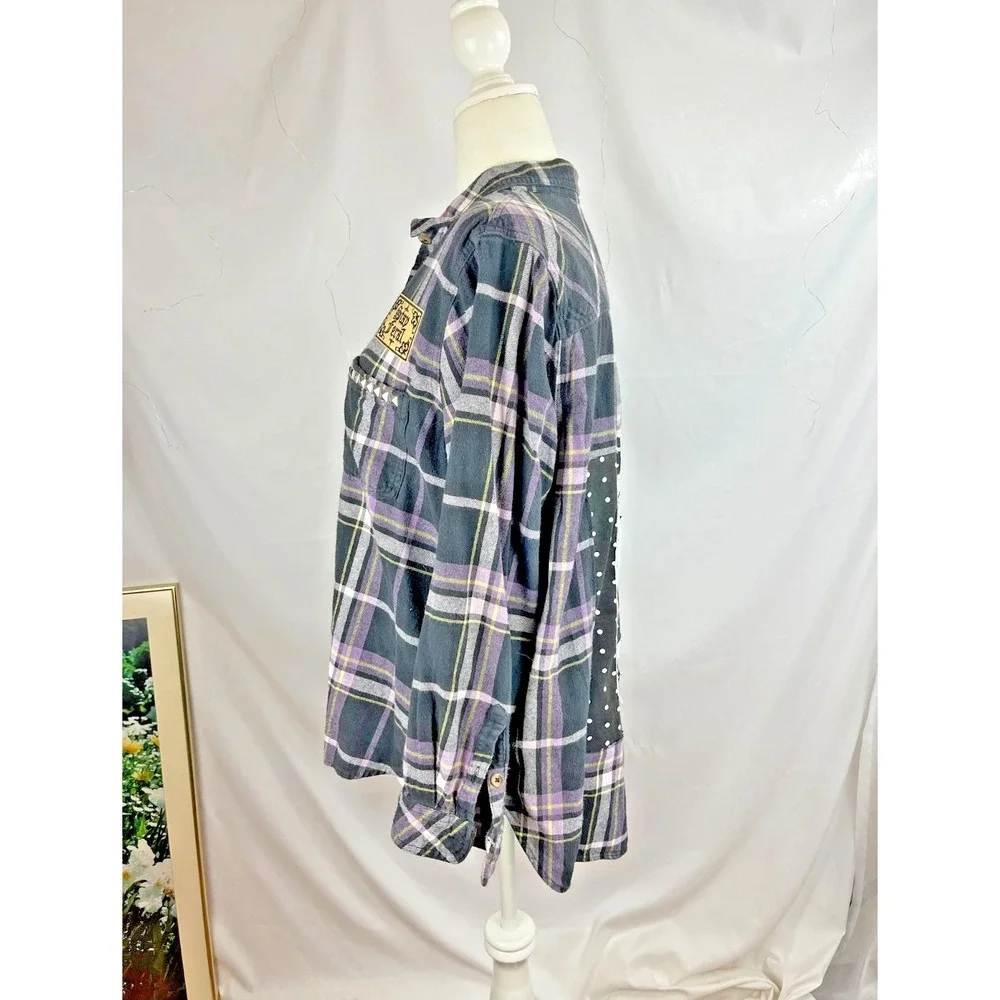 Sonoma Black and Purple Plaid Flannel with Back Graphic Patch - Picture 6 of 9